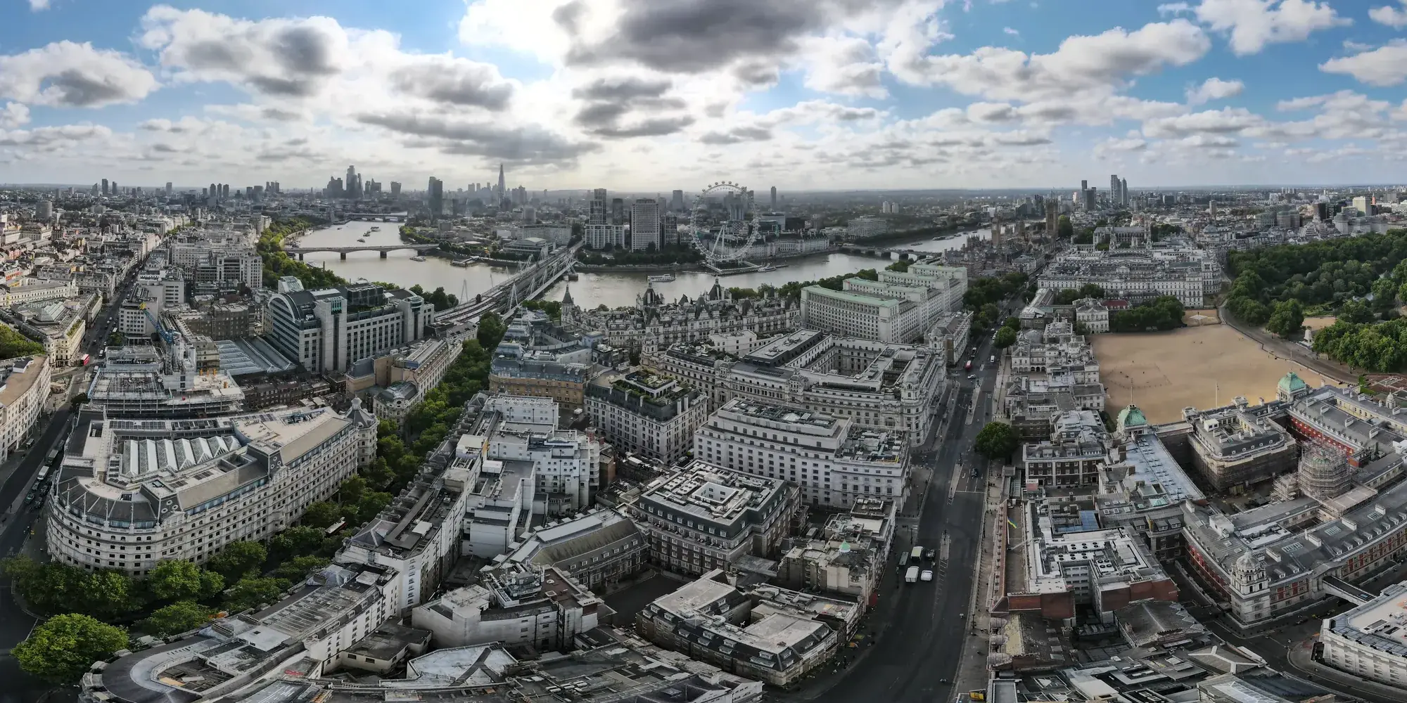Aerial view over Trafalgar Square and the River Thames, London