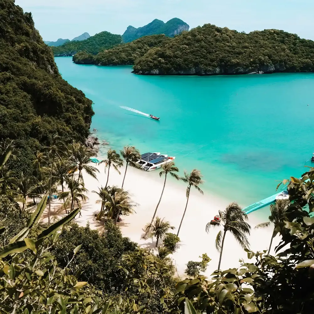 Turquoise bay and limestone islands in Ang Thong National Park, Thailand, from above