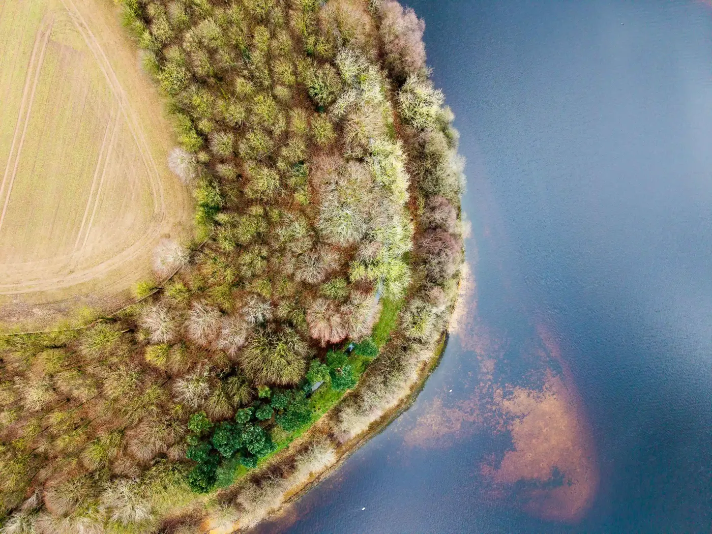 Top-down drone photograph of Eccup Reservoir, north Leeds