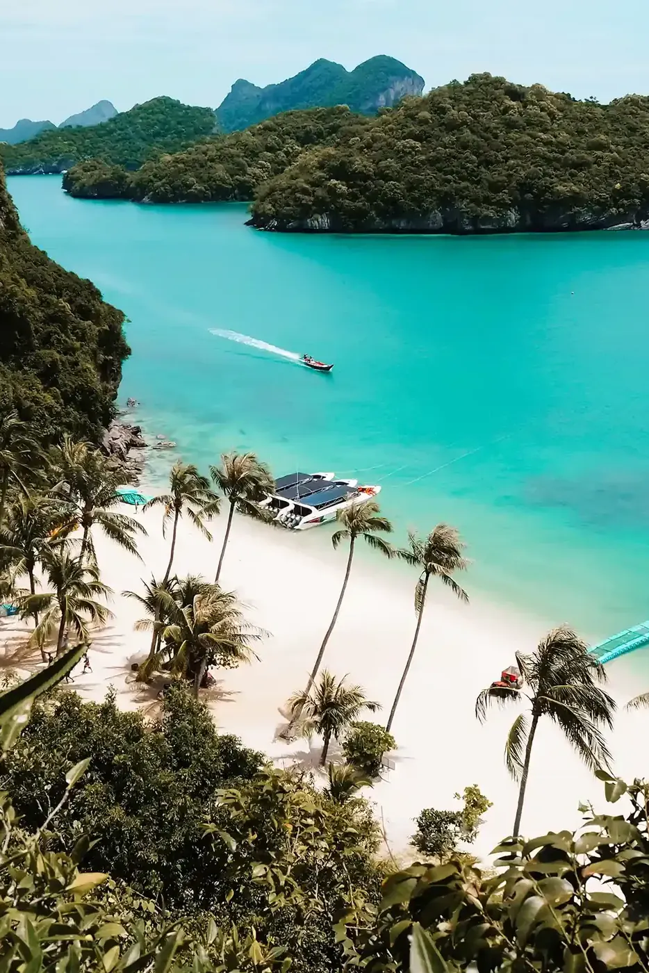 Palm-lined white sand beach and turquoise water in Ang Thong, Thailand