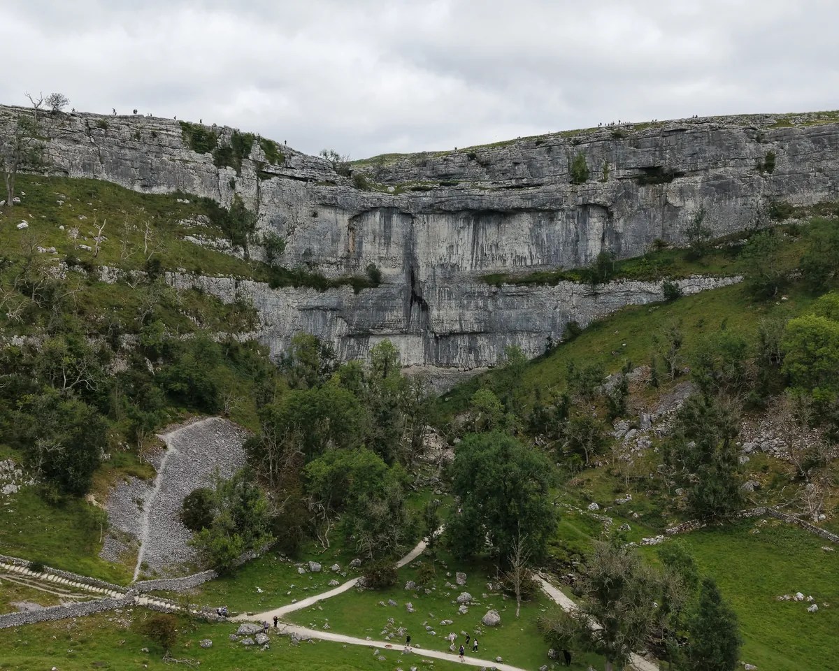 Aerial view of the limestone amphitheatre of Malham Cove in the Yorkshire Dales